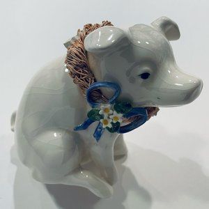 Duck Duck Goose White Porcelain Pig Ornate Blue Iris Neck